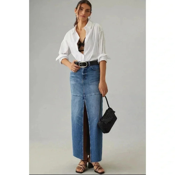 NWT Reformation Tazz Maxi Denim Jean Skirt Slit Blue 25 - Picture 3 of 15